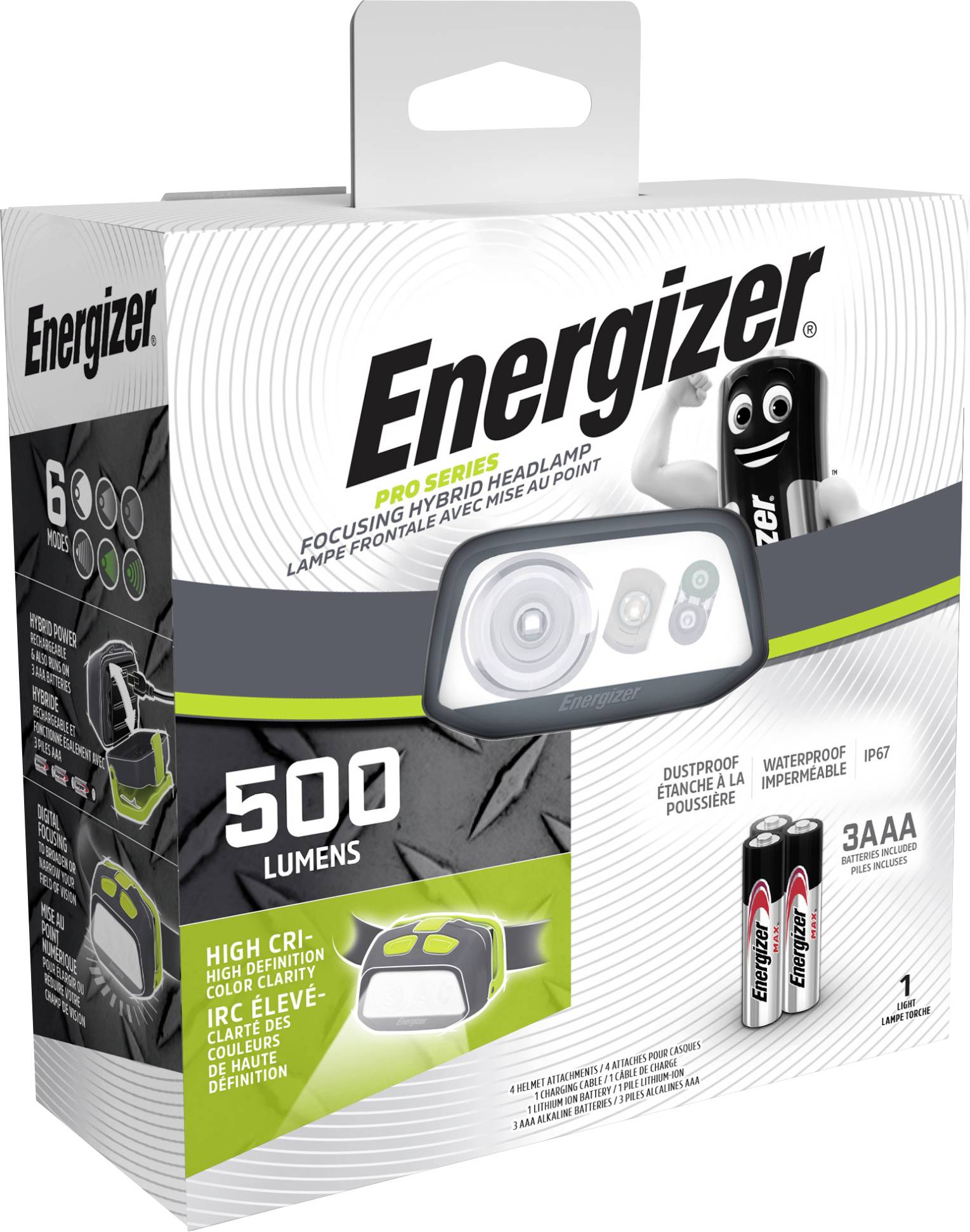 Obal čelovky Energizer Pro Series zobrazující samotnou čelovku, dva přiložené bateriové články AAA a zvýrazňující vlastnosti: 500 lumenů, prachotěsná, voděodolná dle IP67.