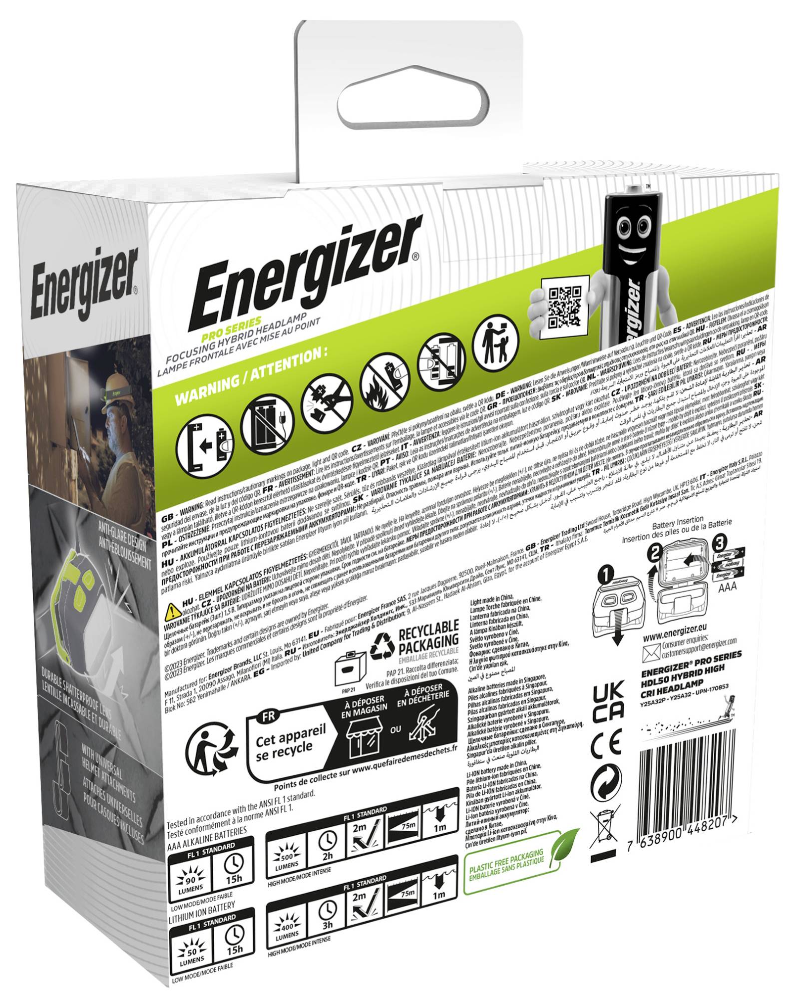 Obrázek zobrazuje zadní stranu obalu baterie Energizer se souhrnem pokynů, varováním, informacemi o recyklaci a veselou postavičkou baterie.