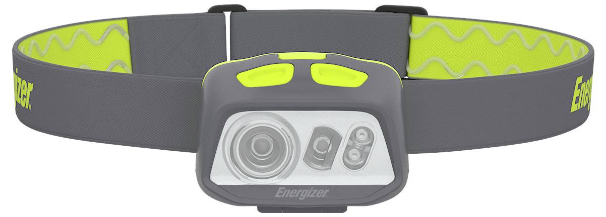 Šedý a žlutý čelový svítilna s velkým předním světlem, nastavitelným popruhem a logem 'Energizer', určený pro osvětlení bez použití rukou.