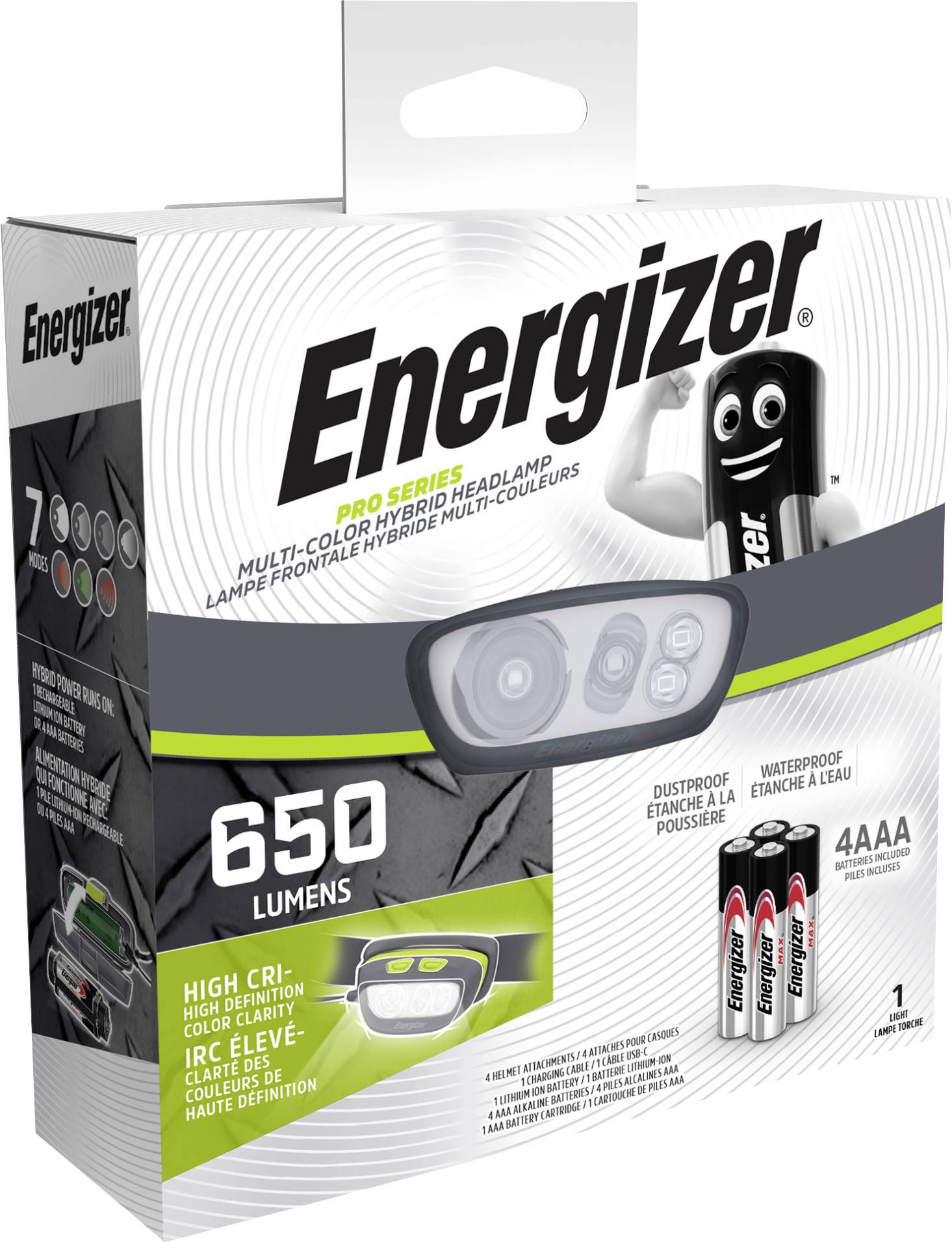 Obal čelovky Energizer Pro Series zobrazující obrázek čelovky, '650 lumenů', 'Vysoký CRI' a obsahující 4 AAA baterie.