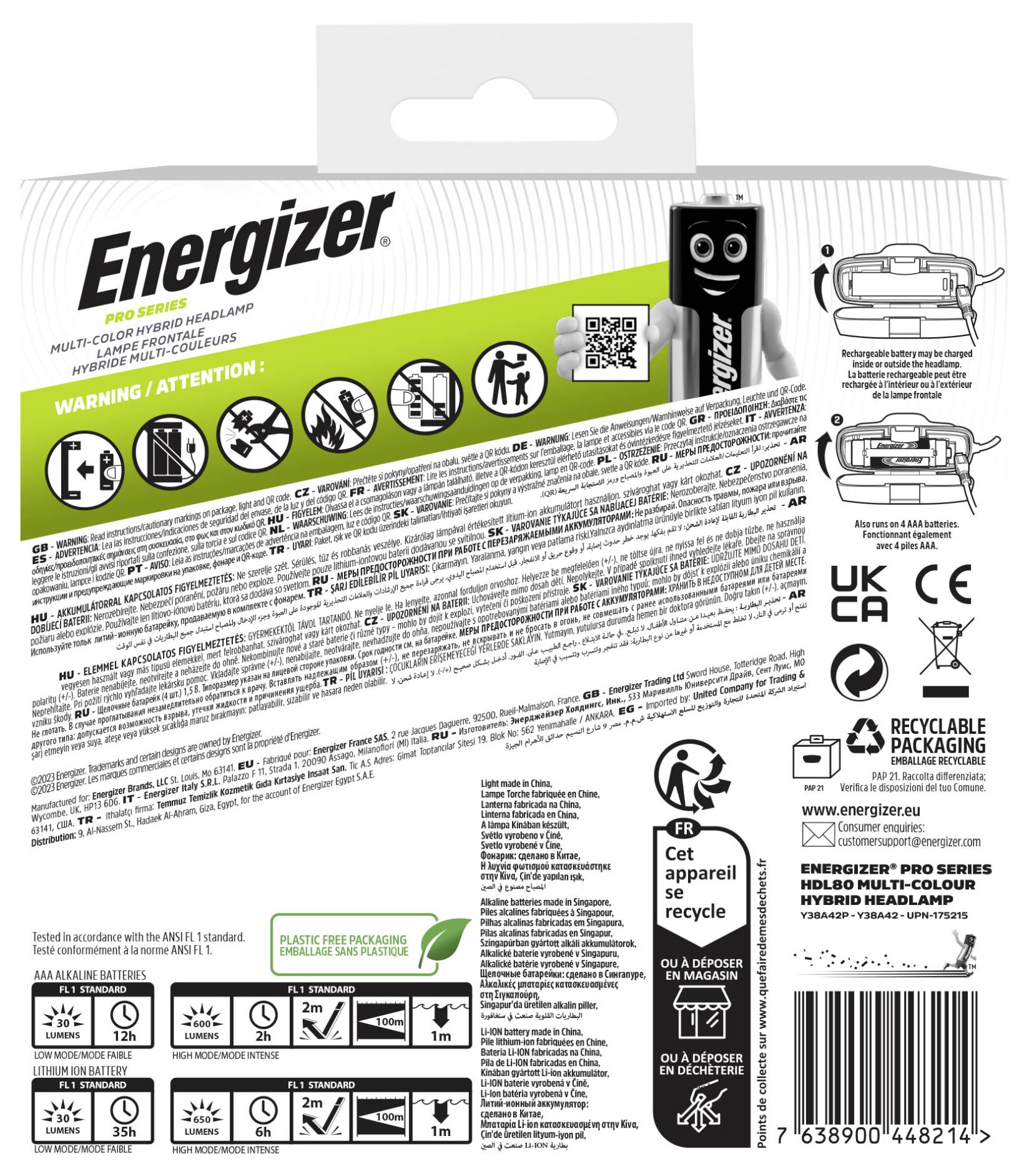 Energizer Pro Series Multicolor Hybrid LED čelovka, Li-Ion akumulátory nebo provoz na baterie, 650 lm, 6 h, E303955400-1