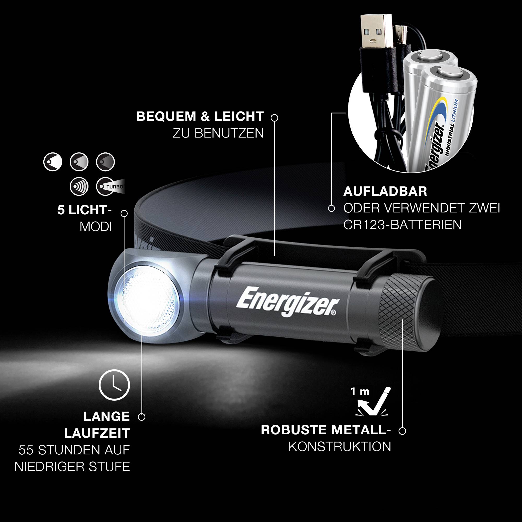 Obrázek čelové svítilny Energizer s 5 světelnými režimy, dobíjecí, robustní kovovou konstrukcí a výdrží až 55 hodin.