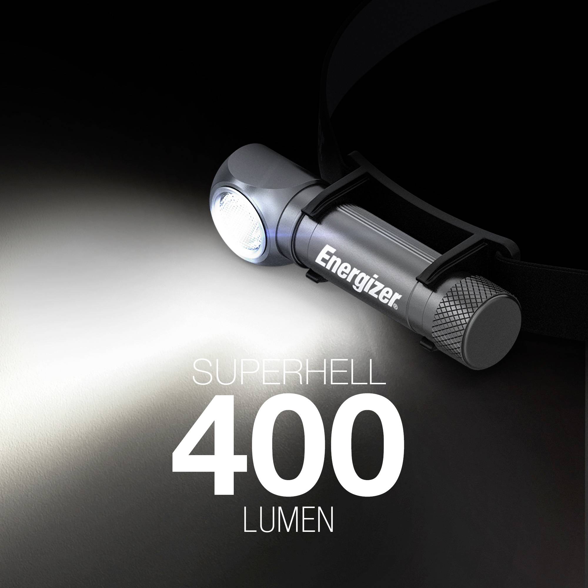 Čelovka s nápisem 'Energizer', svítí jasně. Text: 'Extrémně jasná 400 lumenů'. Důraz na světelný paprsek a název produktu.