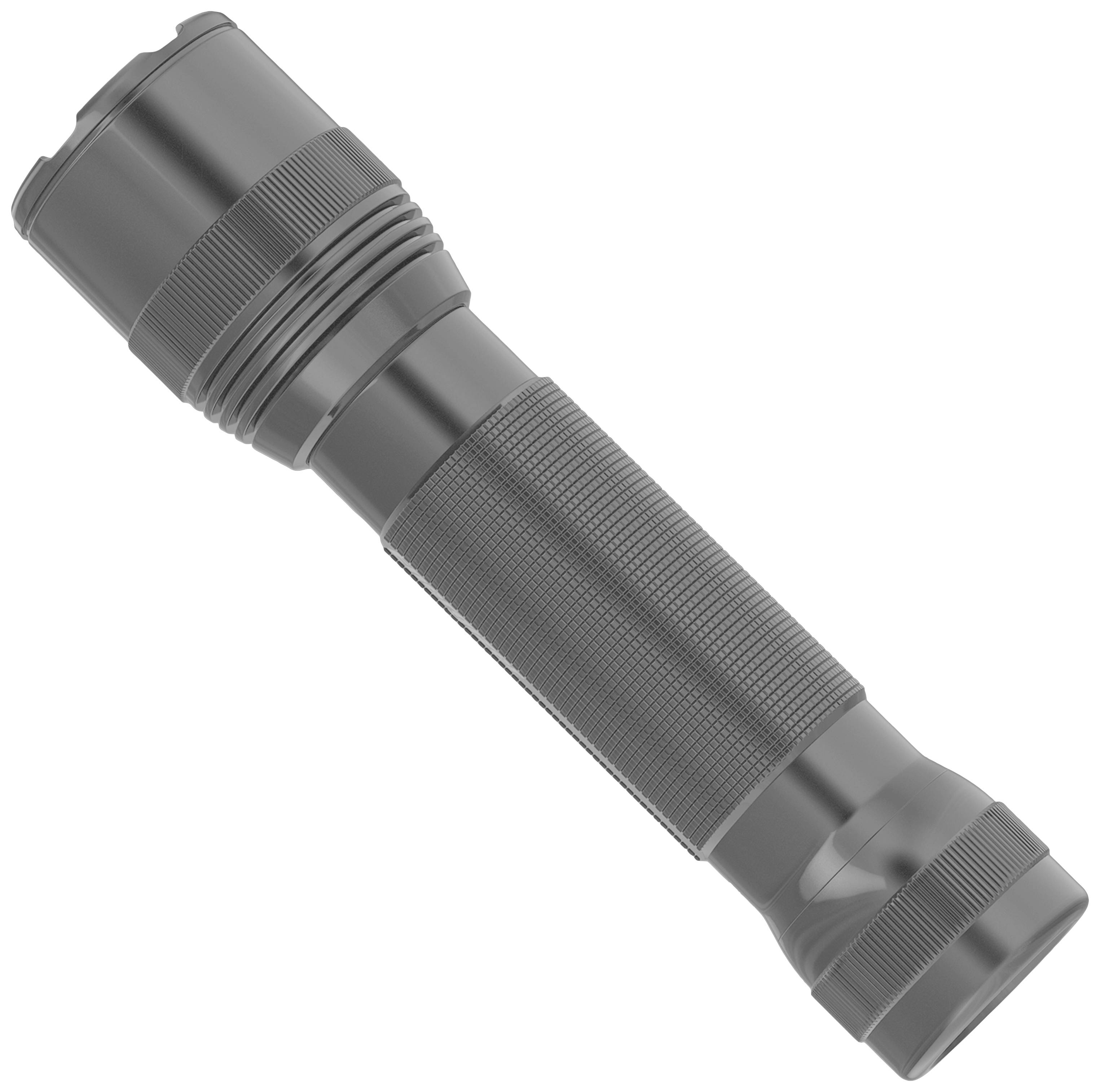 Šedá, válcovitá kapesní svítilna s vroubkovanou rukojetí, zobrazená šikmo svrchu.