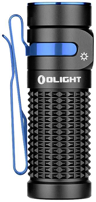 Černá svítilna s modromodrým klipem, další nastavení pomocí bočního tlačítka. Na povrchu vyražena značka 'OLIGHT'.
