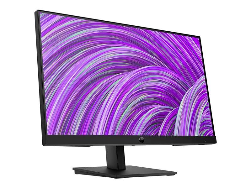 Černý monitor s fialovým spirálovitým pozadím obrazovky, zobrazený na bílém pozadí.