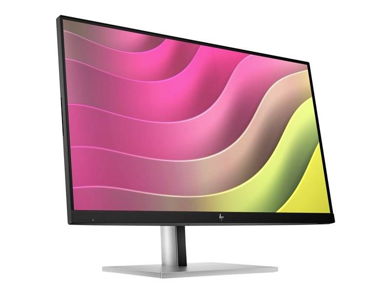 Monitor s moderním designem a barevnou obrazovkou. Na displeji jsou vidět barevné, vlnovité vzory v růžové a žluté barvě.