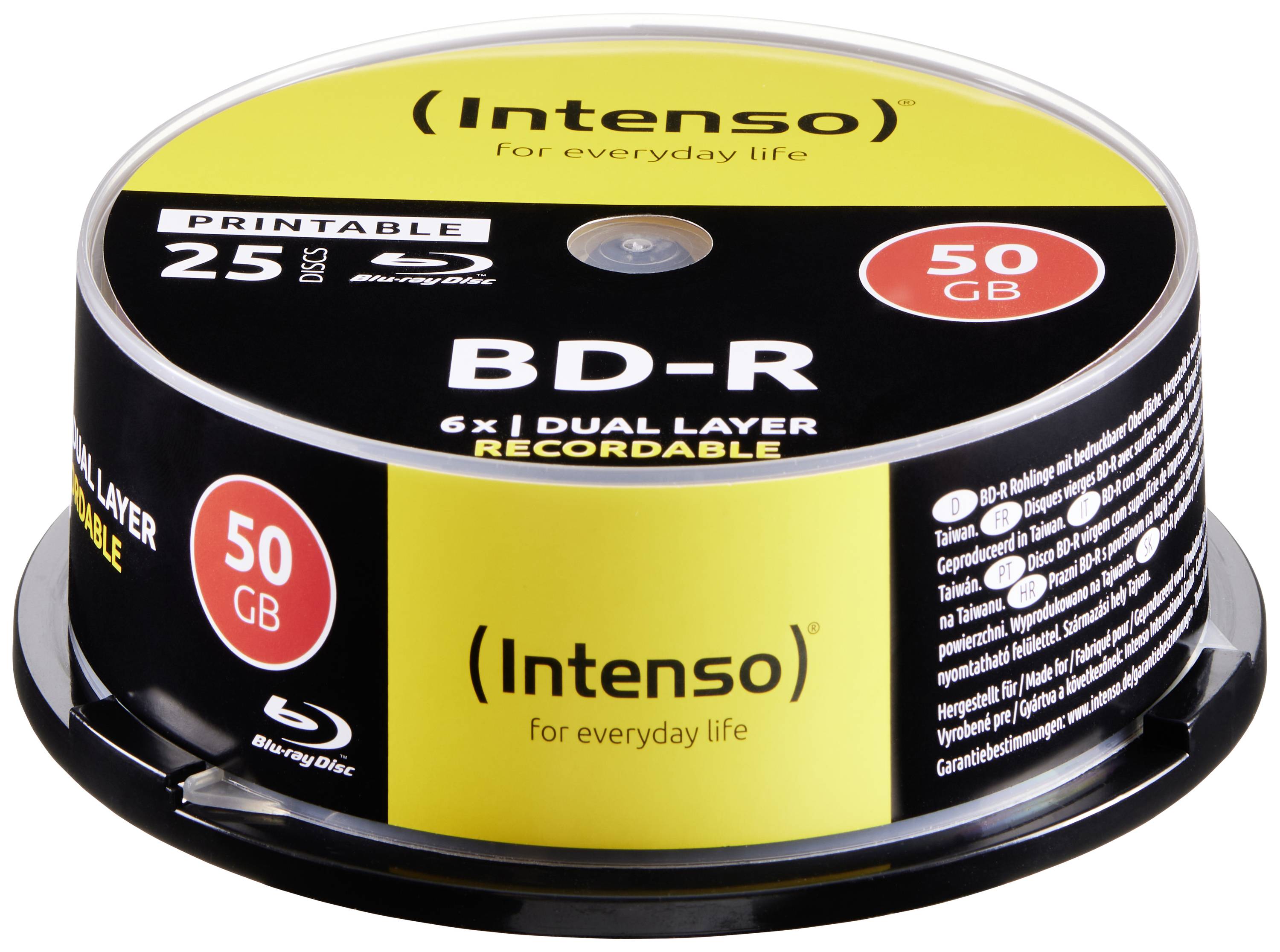 Intenso BD-R 50 GB Dual Layer disk, 25 kusů v nádobě, tisknutelný, rychlost 6x. Blu-ray disk, vhodný pro záznam dat.