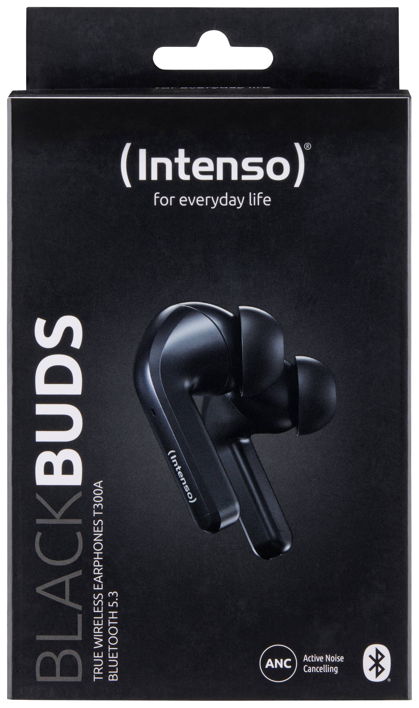 Obal 'Intenso BLACKBUDS': Bezdrátová černá sluchátka s aktivním potlačením hluku a Bluetooth 5.3.