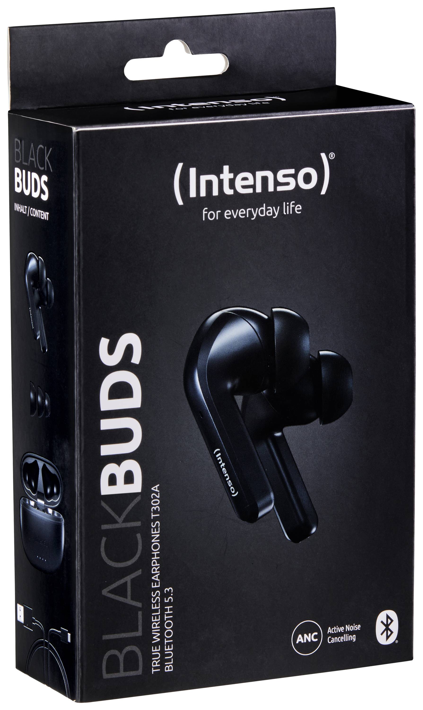 Černé bezdrátové sluchátko v obalu. Značka 'Intenso', model 'BlackBuds', podporuje Bluetooth 5.3 a aktivní potlačení hluku.
