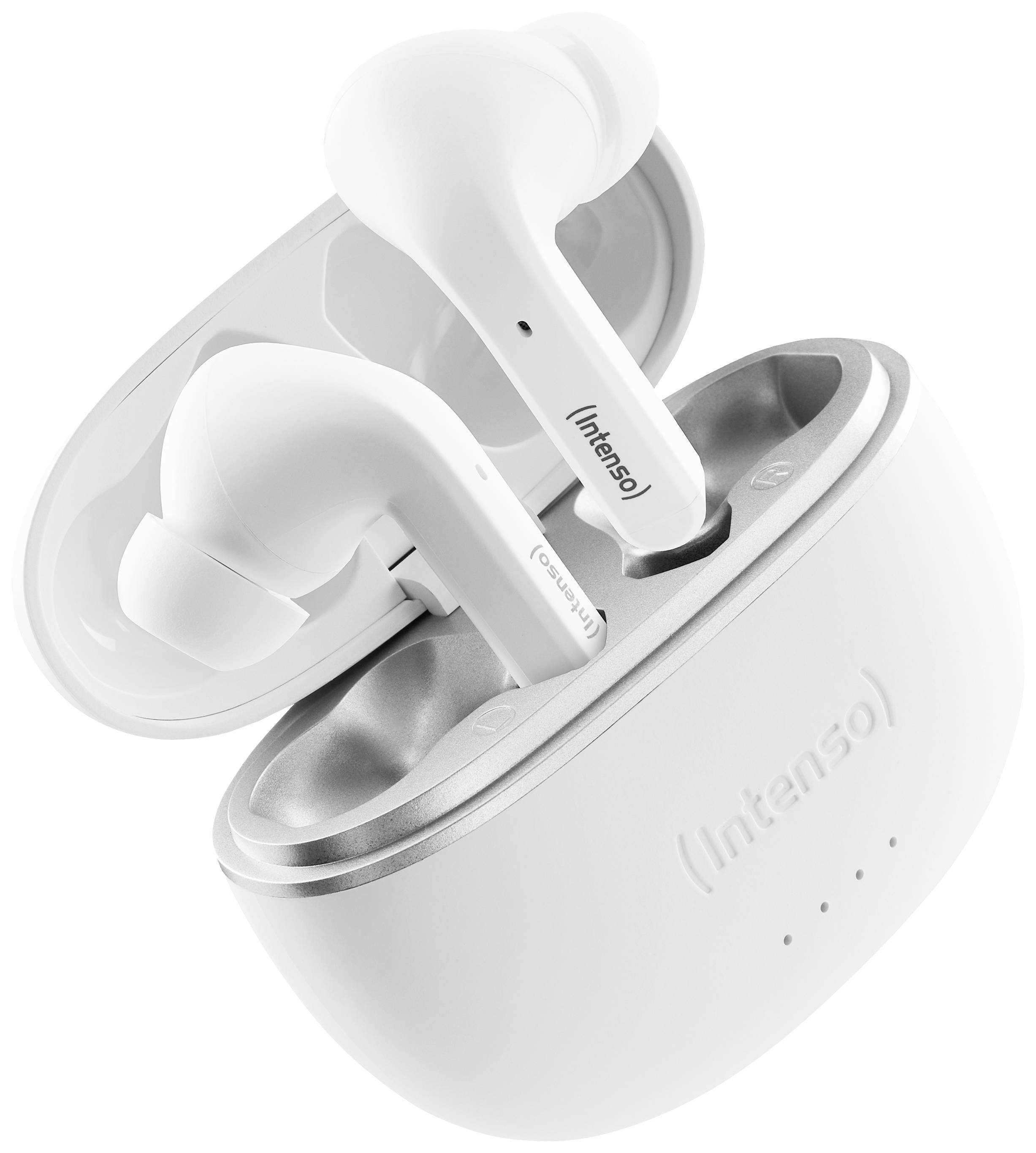 Bílé bezdrátové in-ear sluchátka v otevřené nabíjecí stanici s nápisem 'Intenso' viditelným na straně.