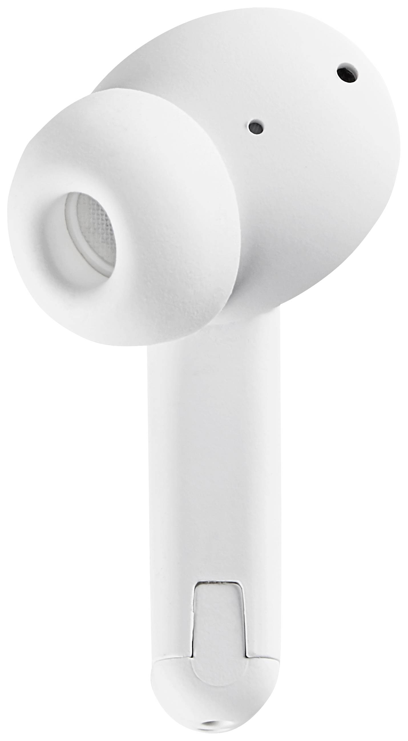 Jeden bílý bezdrátový sluchátko, moderně a minimalisticky navržený, leží na bílém pozadí.
