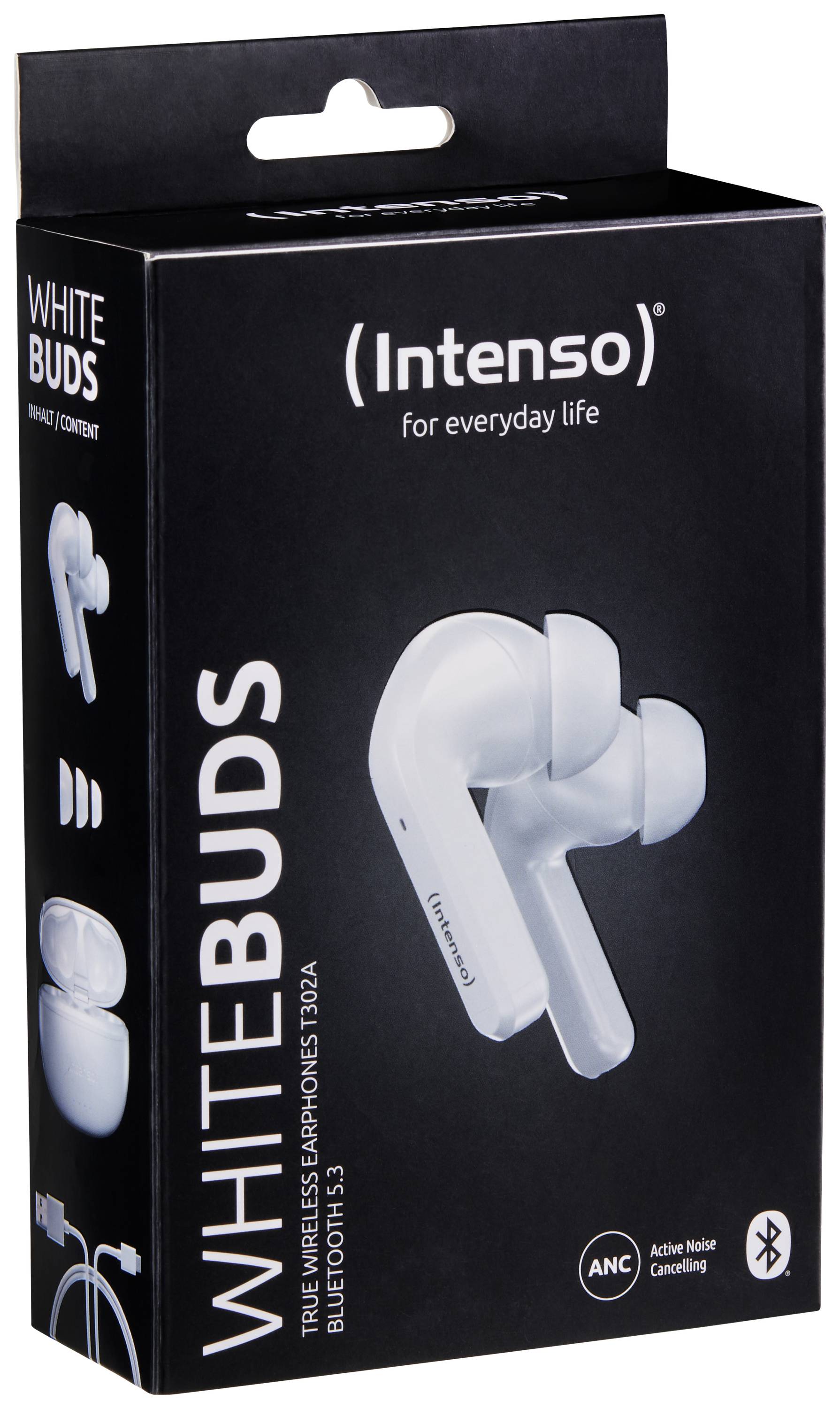 Balení Intenso WhiteBuds, bezdrátových in-ear sluchátek s aktivním potlačením hluku a Bluetooth 5.3.