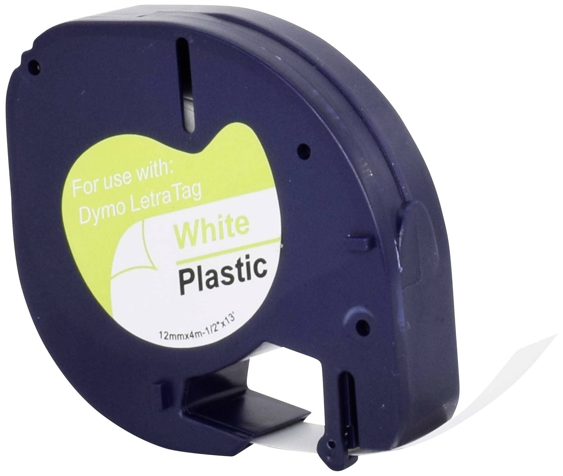 Černá kazeta s nálepkou 'White Plastic' pro štítkovač Dymo LetraTag.