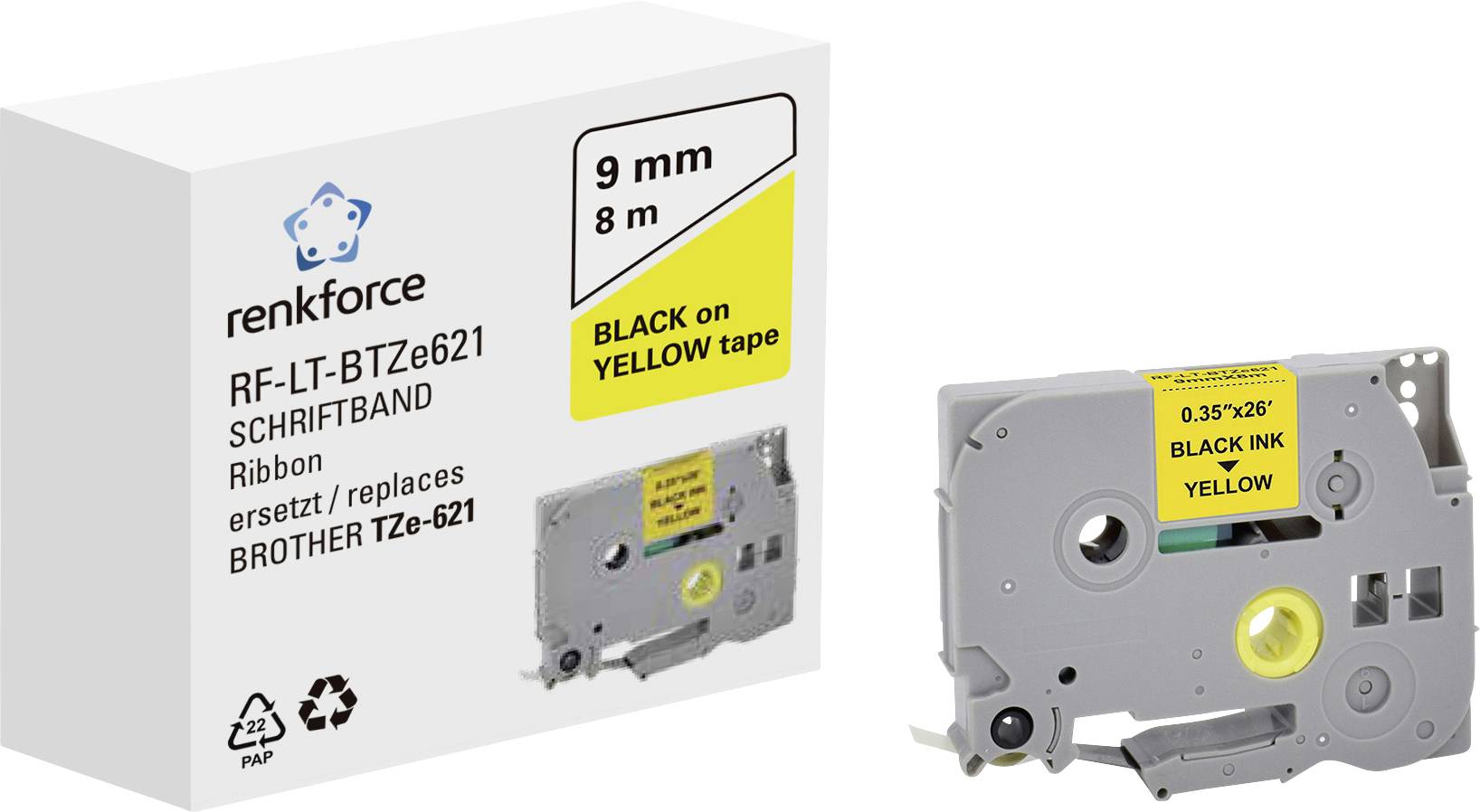 Obal pro pásku Renkforce, model RF-LT-BTz621, zobrazuje '9 mm 8 m černý potisk na žluté pásce'. Náhrada pro Brother TZe-621.