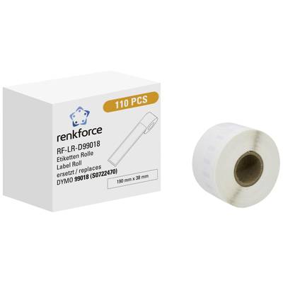 Štítek na cívce 'renkforce RF-LR-D99018' s 110 kusy, kompatibilní s DYMO 99018. Rozměry: 190 mm x 38 mm. Cívka je vyobrazena.