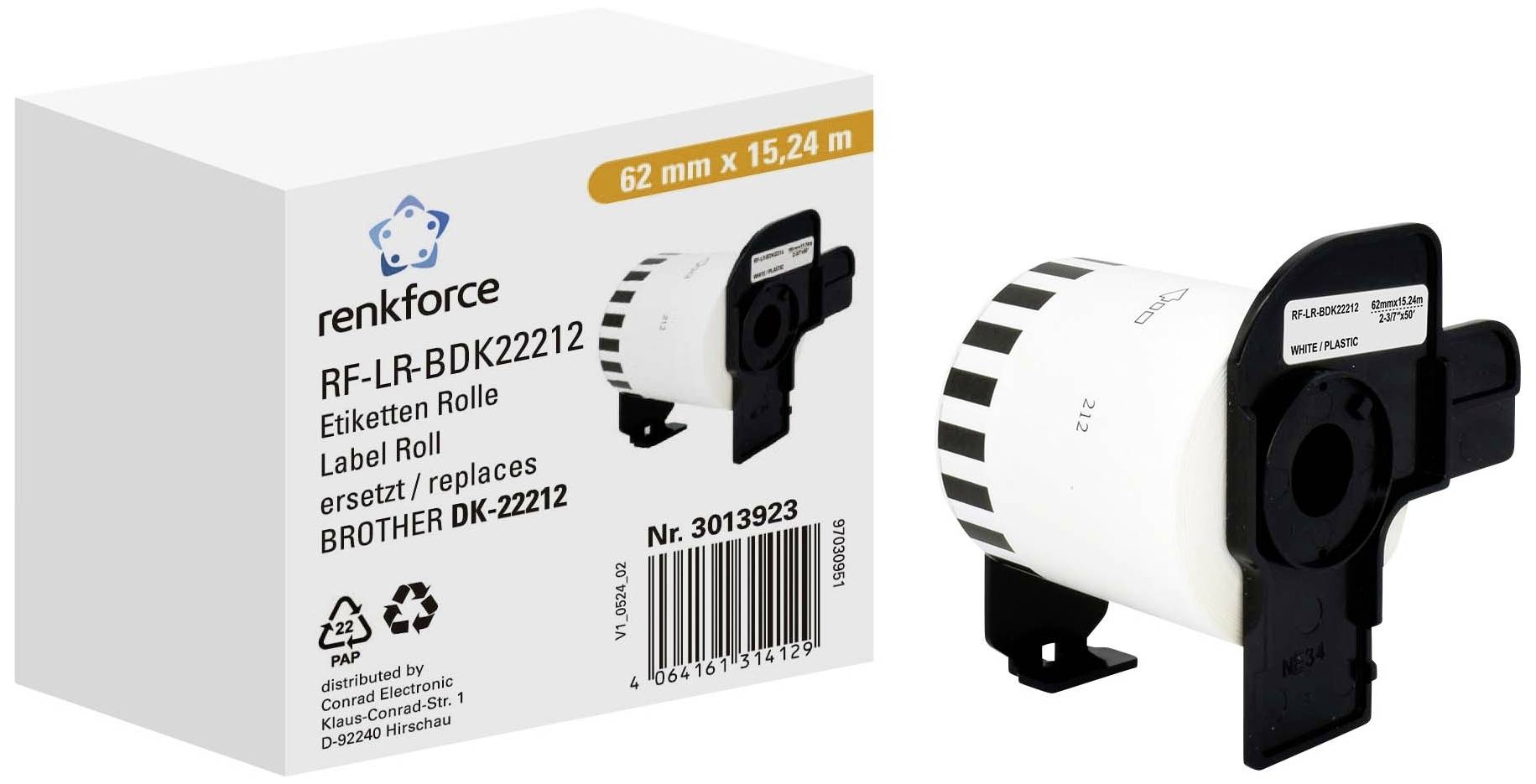 Štítek na roli od značky renkforce, 62 mm x 15,24 m, náhrada za Brother DK-22212, zobrazený vedle obalu.