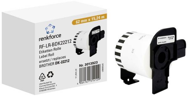 Renkforce etikety v roli kompatibilní náhradní Brother DK-22212 62 mm x 15.24 m papír bílá 15.24 m trvalé Kontinuální štítky RF-6027846