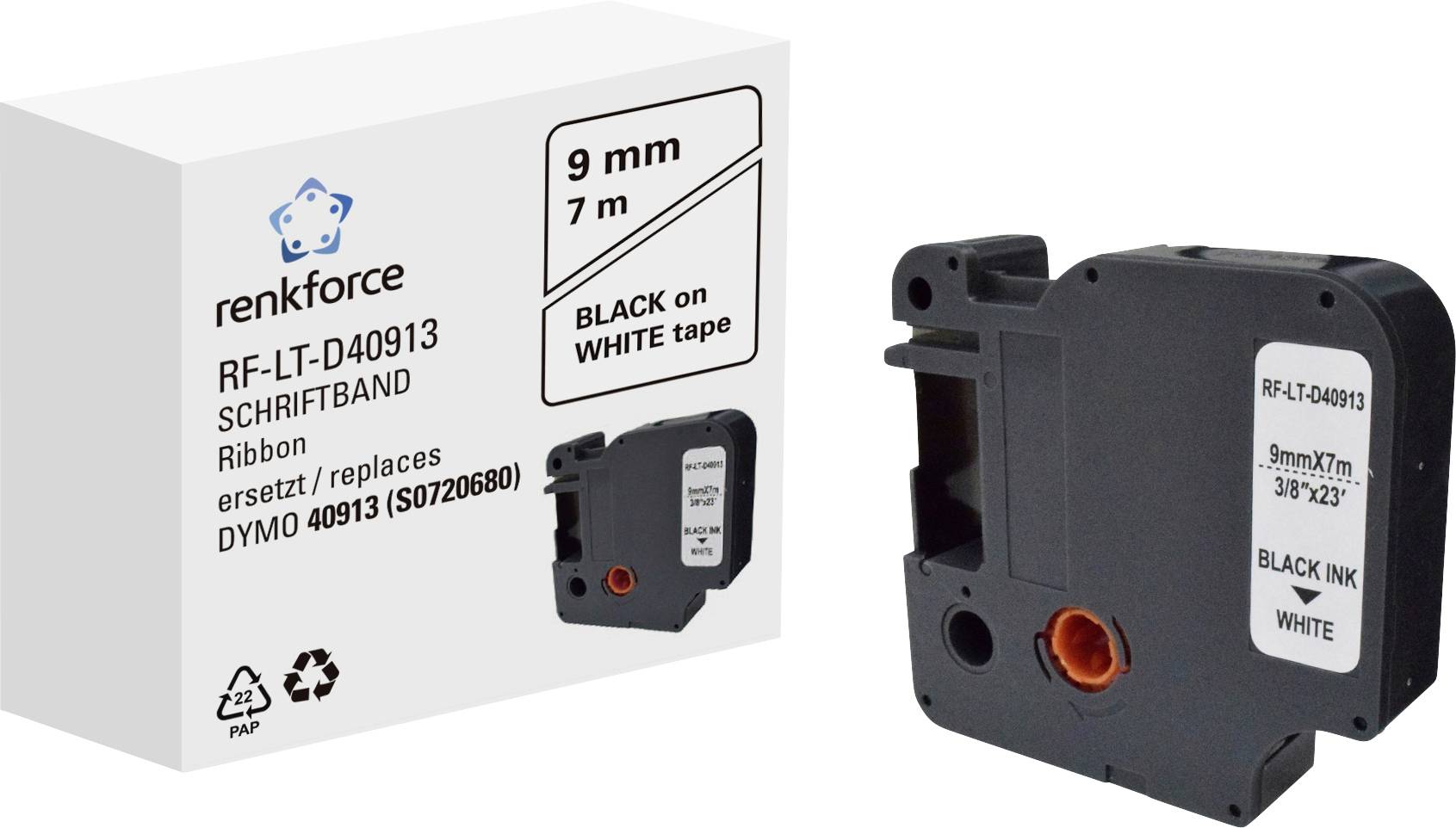 Páska a inkoustová kazeta renkforce pro štítkovače, kompatibilní s modely Dymo. Černý text na bílém pásku, šířka 9 mm, délka 7 m.