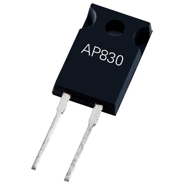 Černý polovodičový čip s nápisem 'AP830', vybavený dvěma kovovými kontakty, elektronická součástka.