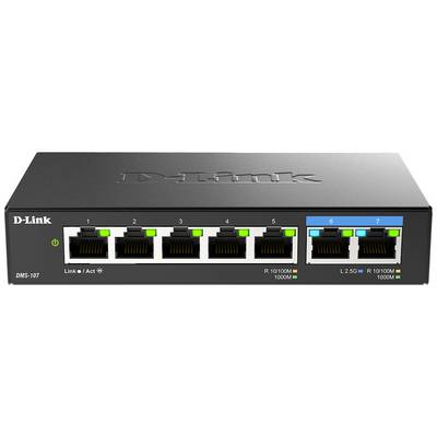 D-Link síťový switch se 7 ethernetovými porty: 5x RJ-45 gigabitové porty, 2x RJ-45 multi-gigabitové porty; model DMS-107.