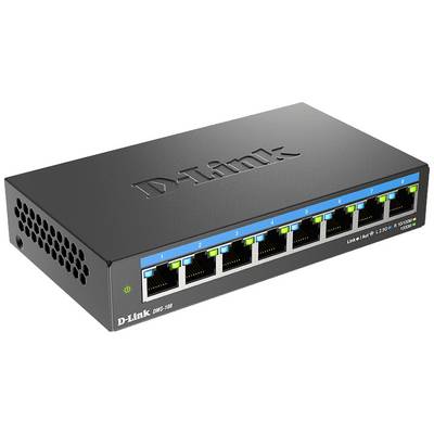 Černý síťový switch značky D-Link s osmi ethernetovými porty a zeleně svítícími LED diodami, určený pro propojení několika zařízení v síti.
