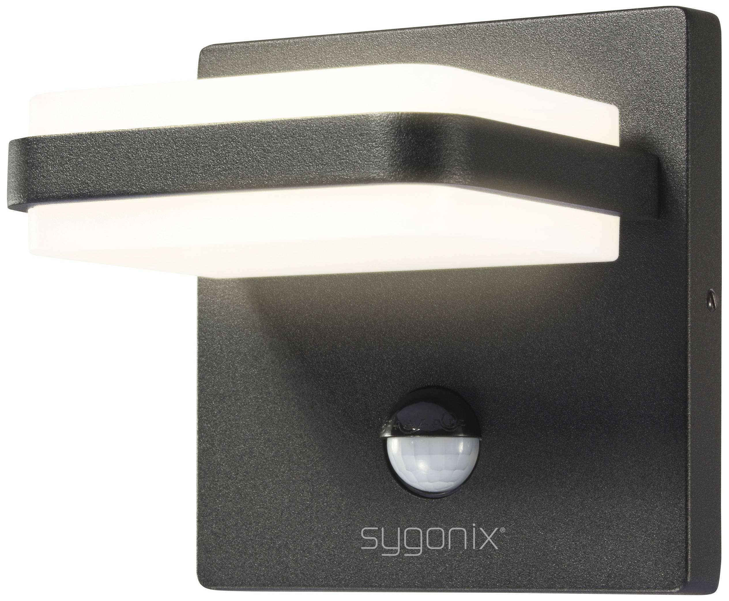 Černé, čtvercové LED nástěnné svítidlo s pohybovým senzorem. Dva jasné, paralelní pruhy v horní části. Moderní design.