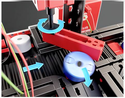 Technický model s rotačními a posuvnými díly. Červený mechanismus se otáčí, zatímco modrý válec je posouvám.