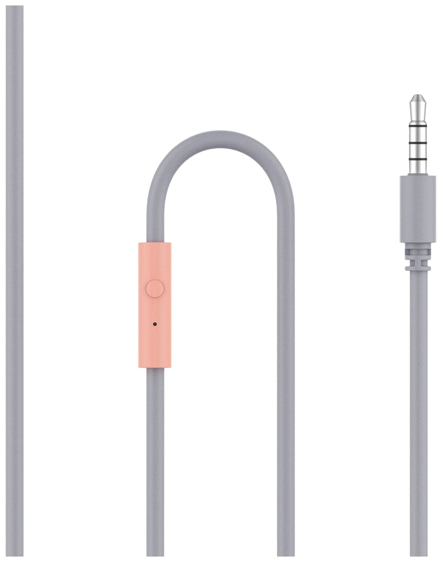 Šedý audiokabel s růžovým ovládacím tlačítkem a stříbrným 3,5mm jackovým konektorem.