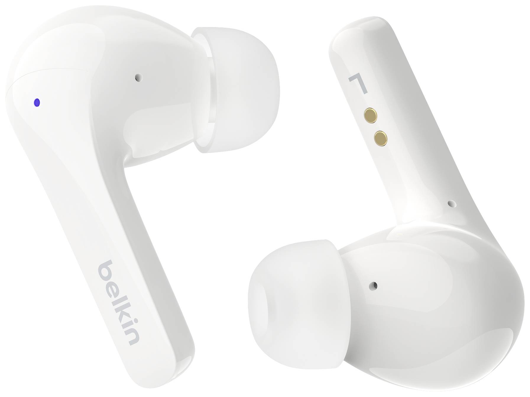 Bezdrátová bílá sluchátka do uší s ergonomickým designem od značky Belkin. Vhodná pro poslech hudby a telefonování na cestách.