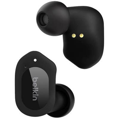 Černá bezdrátová sluchátka Belkin s ergonomickým designem a hladkým povrchem, vhodná pro používání na cestách.