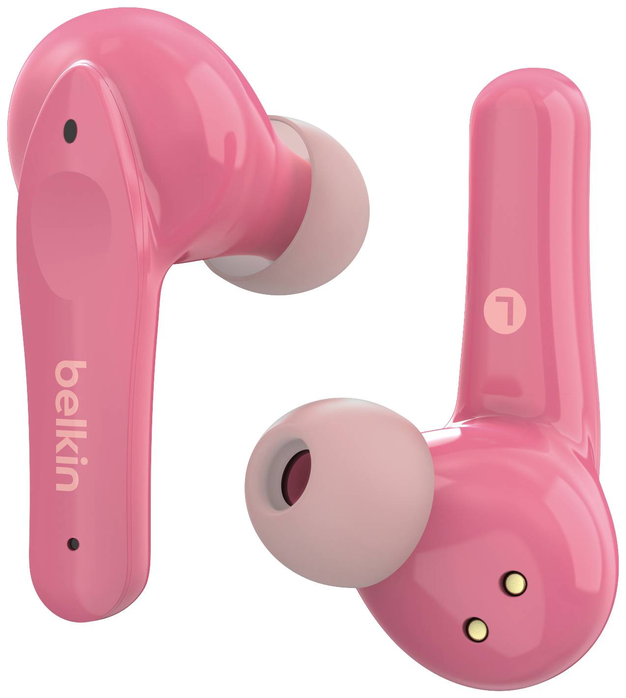 Dva růžové bezdrátové in-ear sluchátka, jeden z nich zobrazuje logo Belkin.