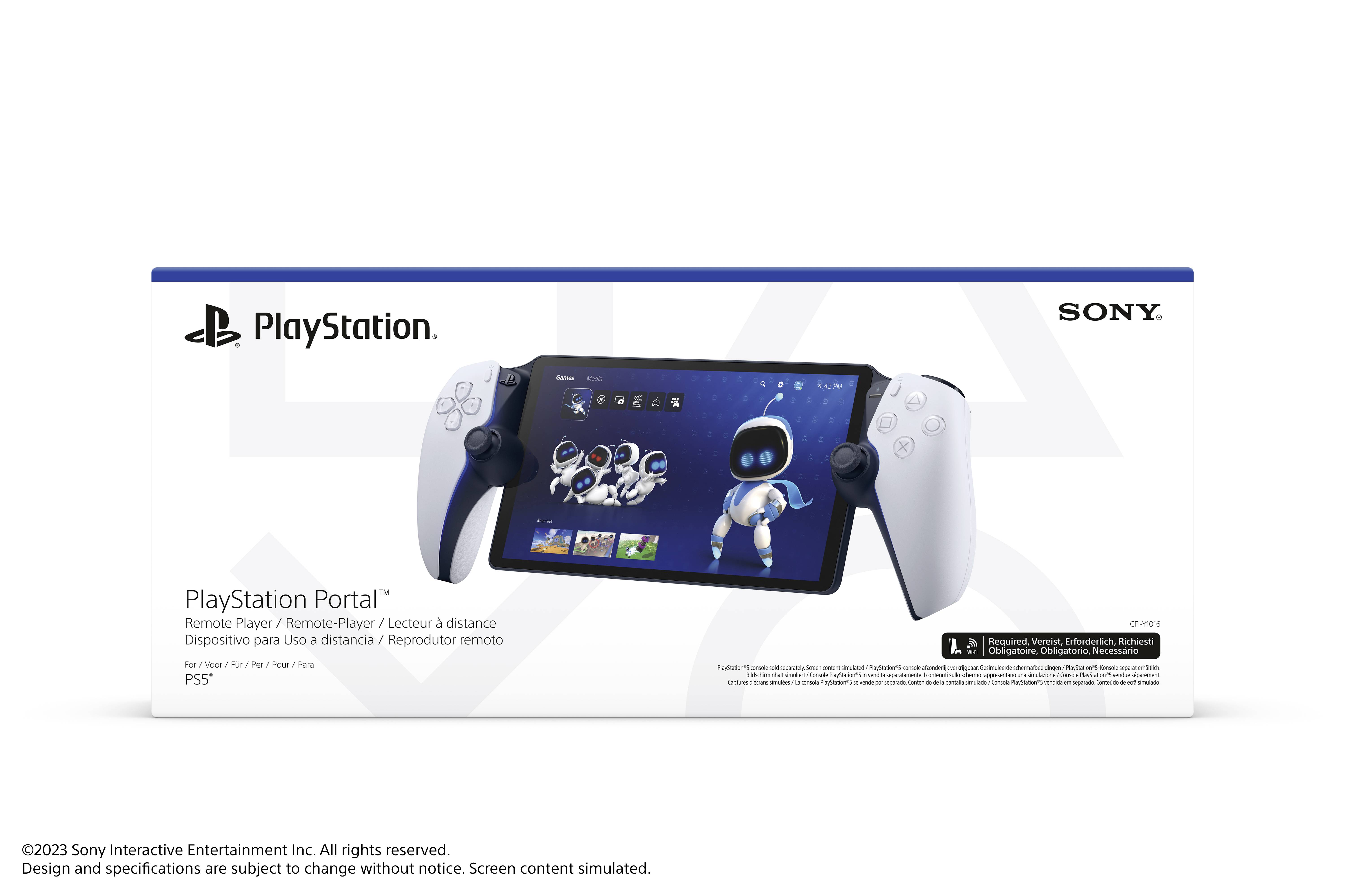 Obal PlayStation Portalu ukazuje přenosné herní zařízení s bílými ovladači, logem PlayStation a detaily produktu.