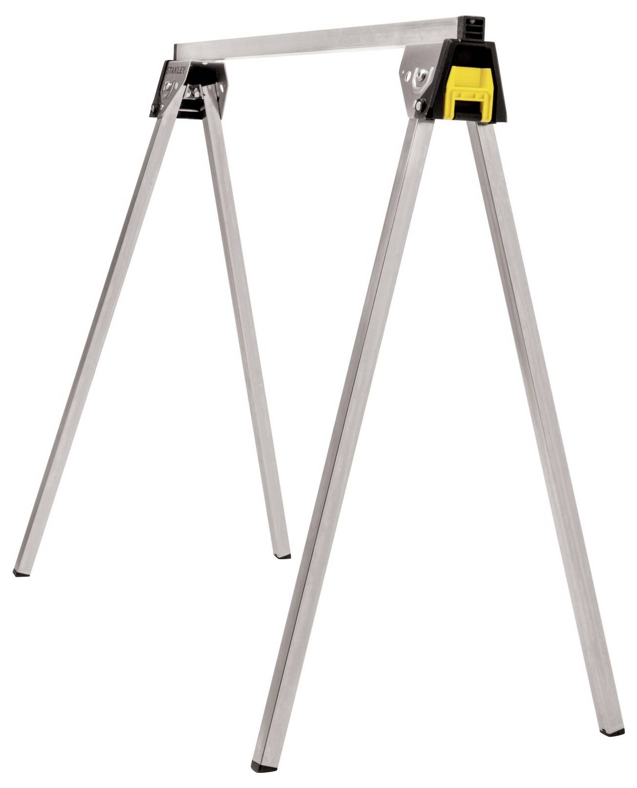 Kovově vypadající skládací koza se čtyřmi nohami. Nahoře je viditelný žlutý držák. Vhodná pro podpírání dílů nebo součástí.