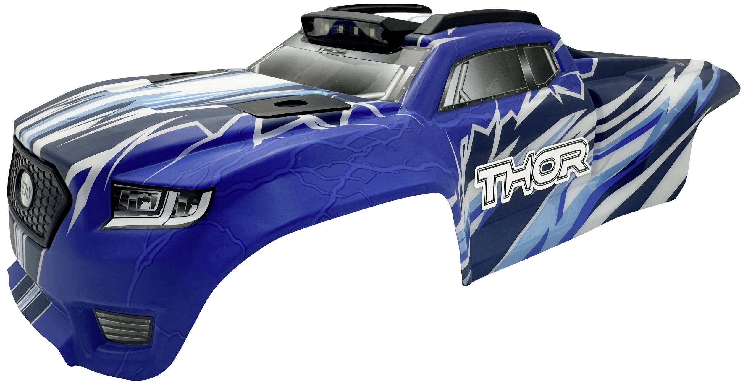 Modré díly karoserie RC automobilu s dynamickým grafickým designem a nápisem 'THOR'.
