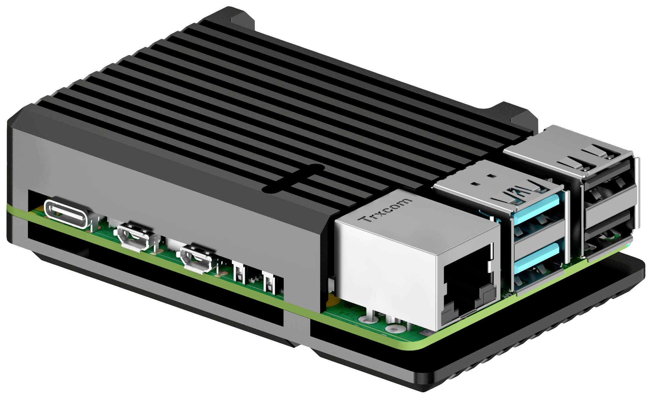 Malý počítač na jedné desce v černém pouzdře, s několika USB porty a viditelným ethernetovým rozhraním.