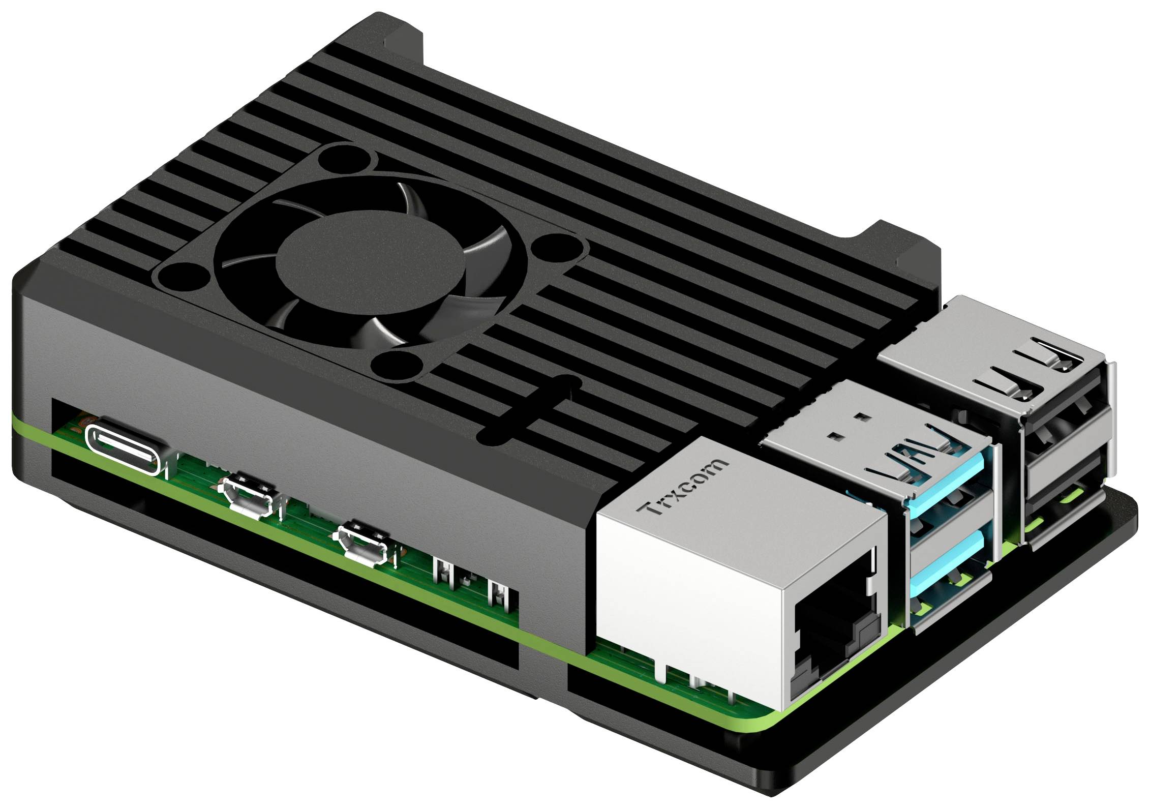 Malý černý počítač s několika USB porty, ethernetovým připojením a integrovaným ventilátorem na horní straně.