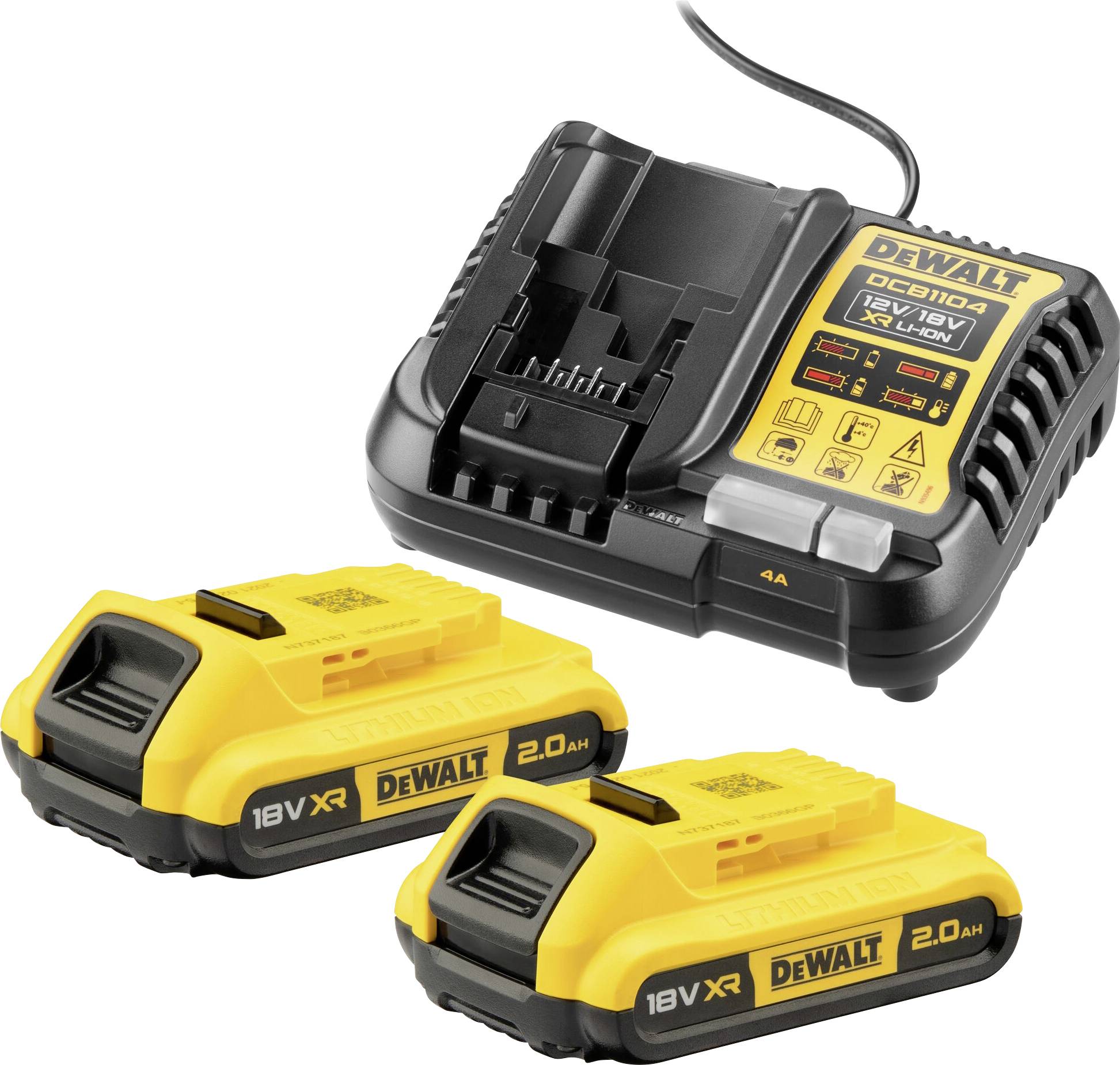 Nabíječka DeWalt se dvěma žlutými, dobíjecími 18V XR lithium-iontovými akumulátory, vhodná pro elektrické nářadí.
