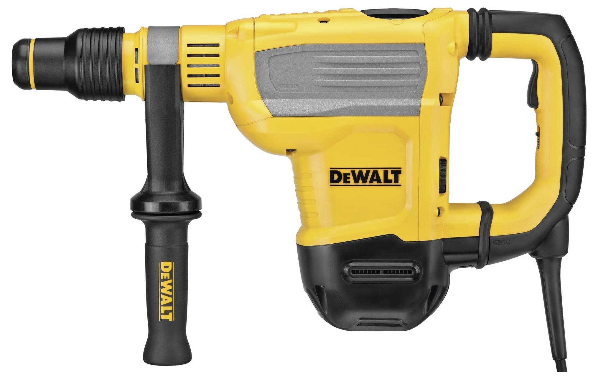 Žlutý bourací kladivo značky DeWALT s černou rukojetí a ovládáním. Oblíbené pro stavební práce a rozbíjení betonu.