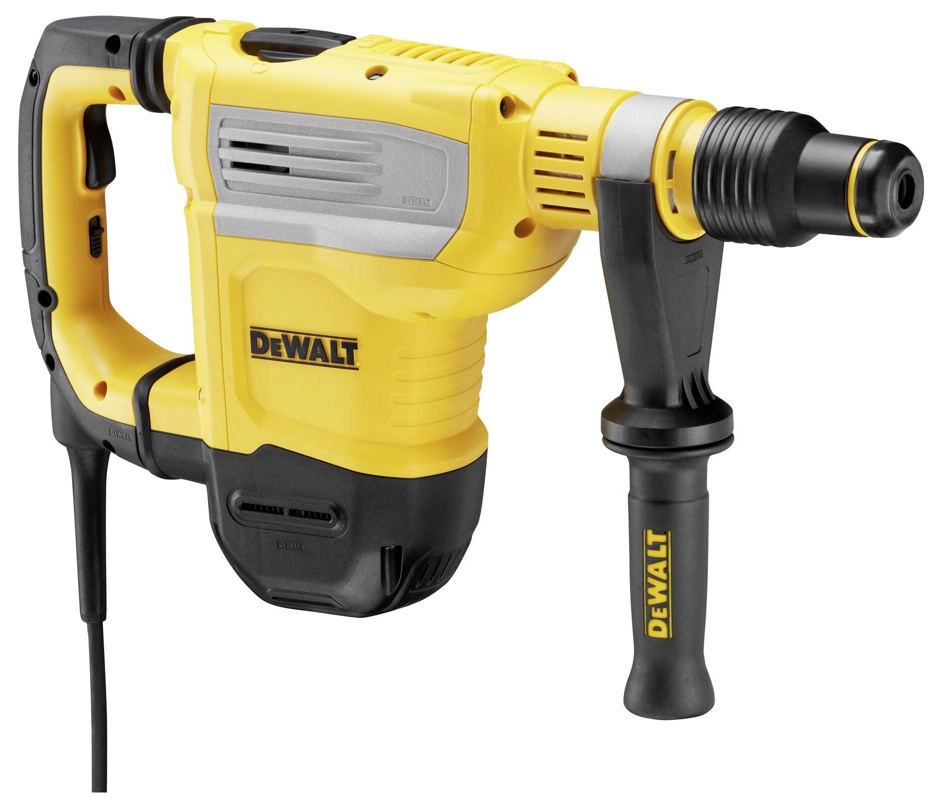 Žlutý a černý bourací kladivo DeWalt, zobrazené z boku, s ergonomickou rukojetí a kabelem, vhodné pro náročné stavební práce.