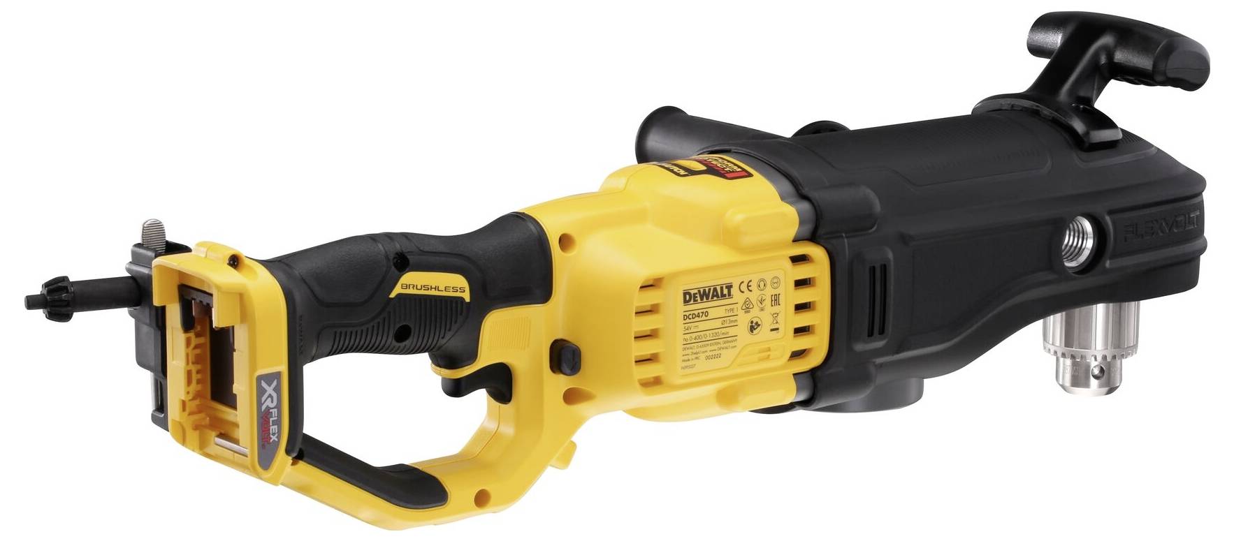 Žlutý a černý elektrický šroubovák s výměnnými nástavci, vhodný pro profesionální stavební nebo DIY práce.