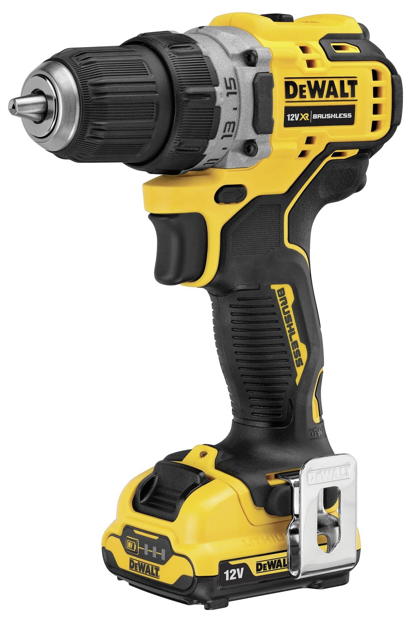 Akumulátorový šroubovák v černé a žluté barvě značky DEWALT, model 12V XR Brushless, s klipem a robustní konstrukcí pro všestranné použití.