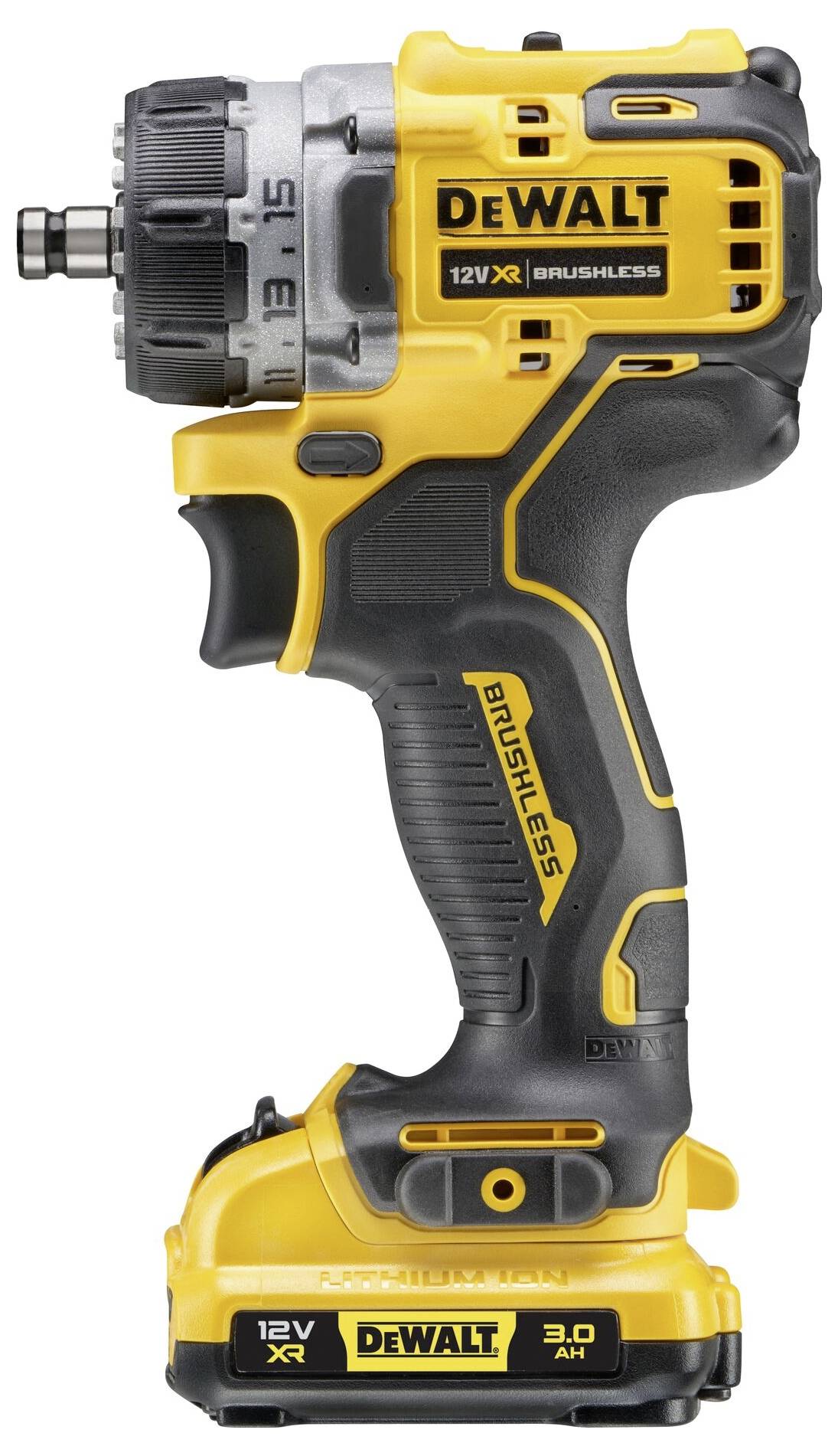 Žlutý aku šroubovák značky DeWalt s bezkartáčovým motorem, 12V XR, ergonomicky tvarovaný pro snadné ovládání.