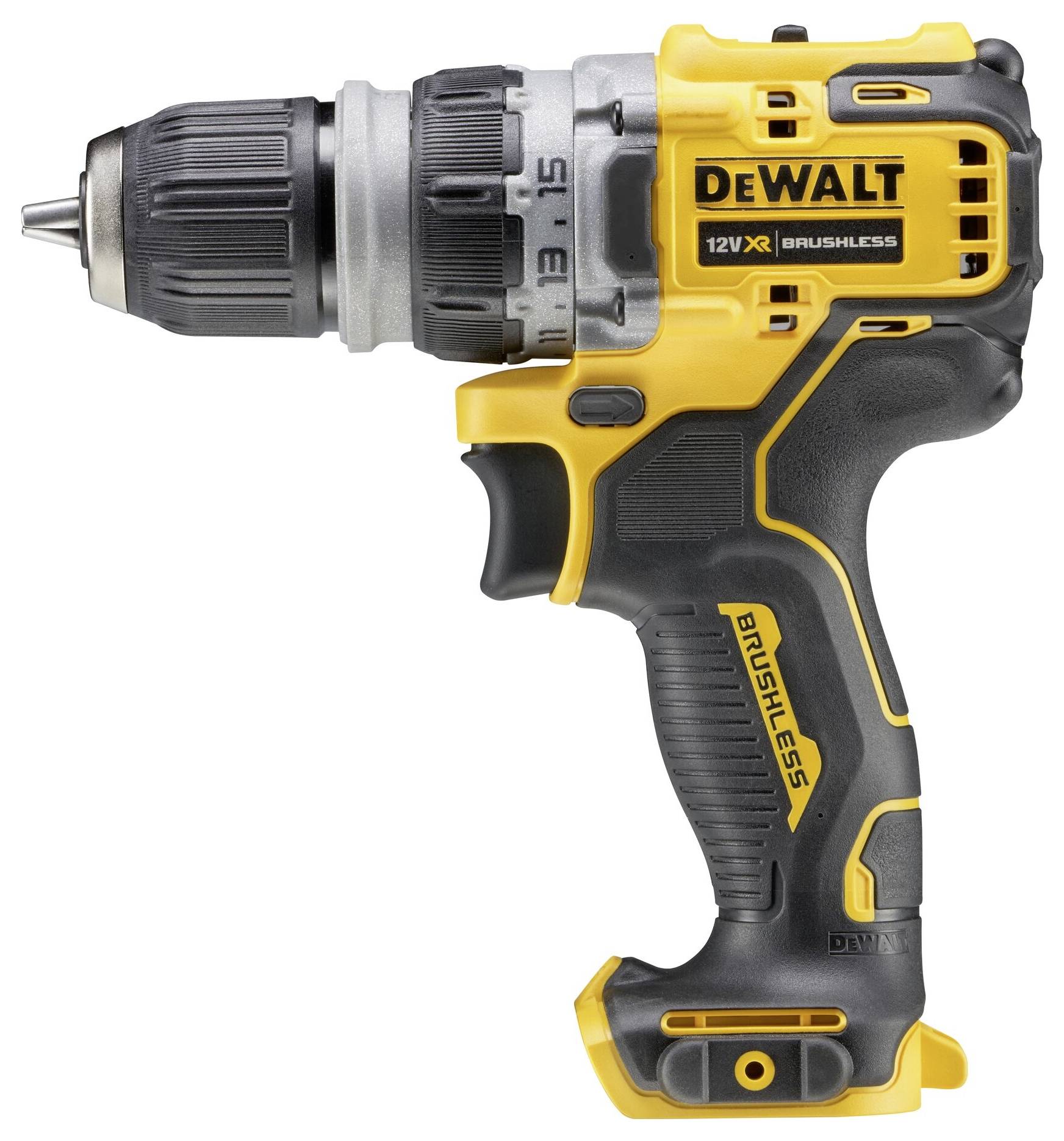 Aku vrtačka DeWalt, 12V XR Brushless, žluto-černá, s ergonomickou rukojetí, vhodná pro vrtání a šroubování.
