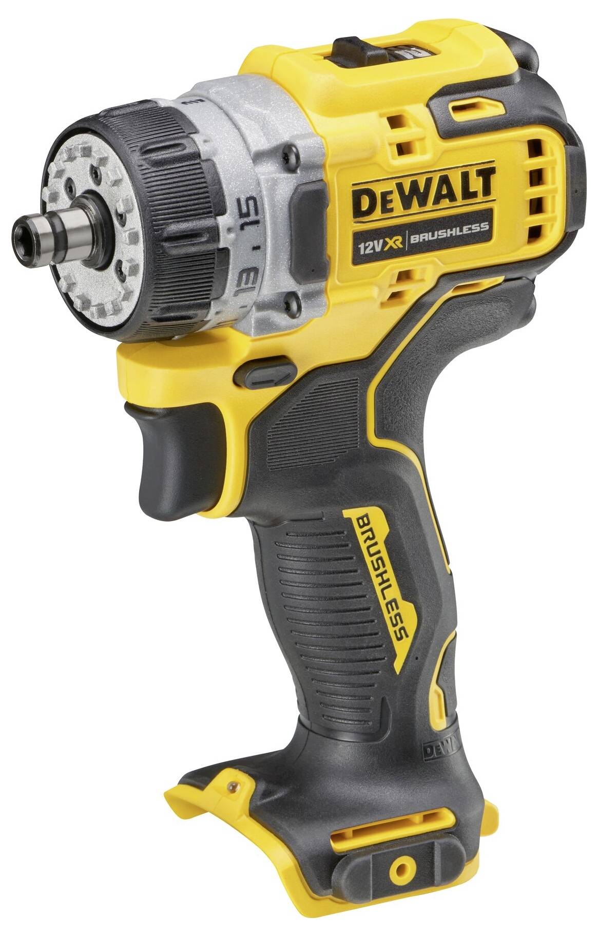 Žlutý a černý DeWalt akumulátorový rázový šroubovák, kompaktní a ergonomický, s 12V XR baterií a bezkartáčovým motorem.
