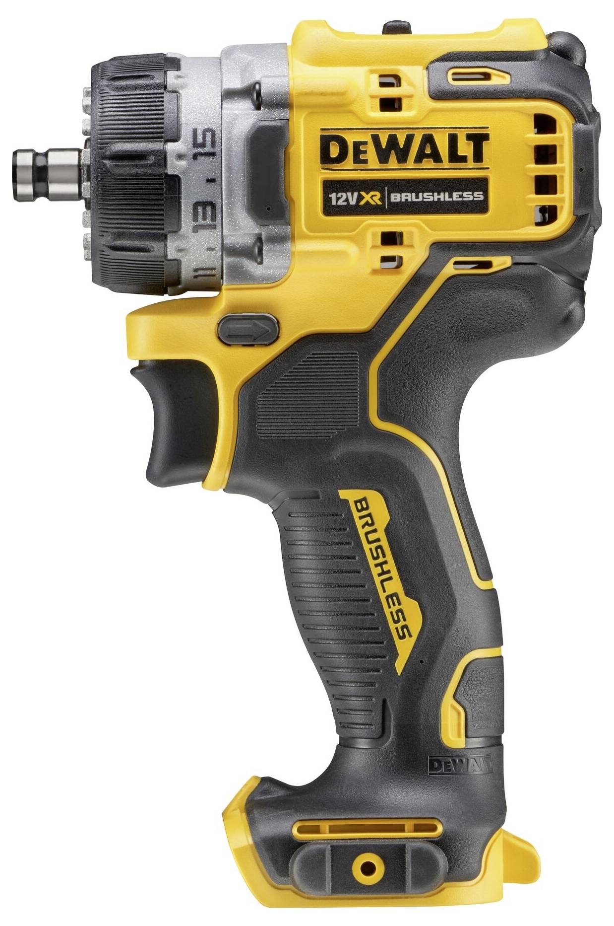 Akumulátorový šroubovák v žluté a černé barvě, model 'DEWALT 12V XR Brushless', s ergonomickou rukojetí a kompaktní konstrukcí.