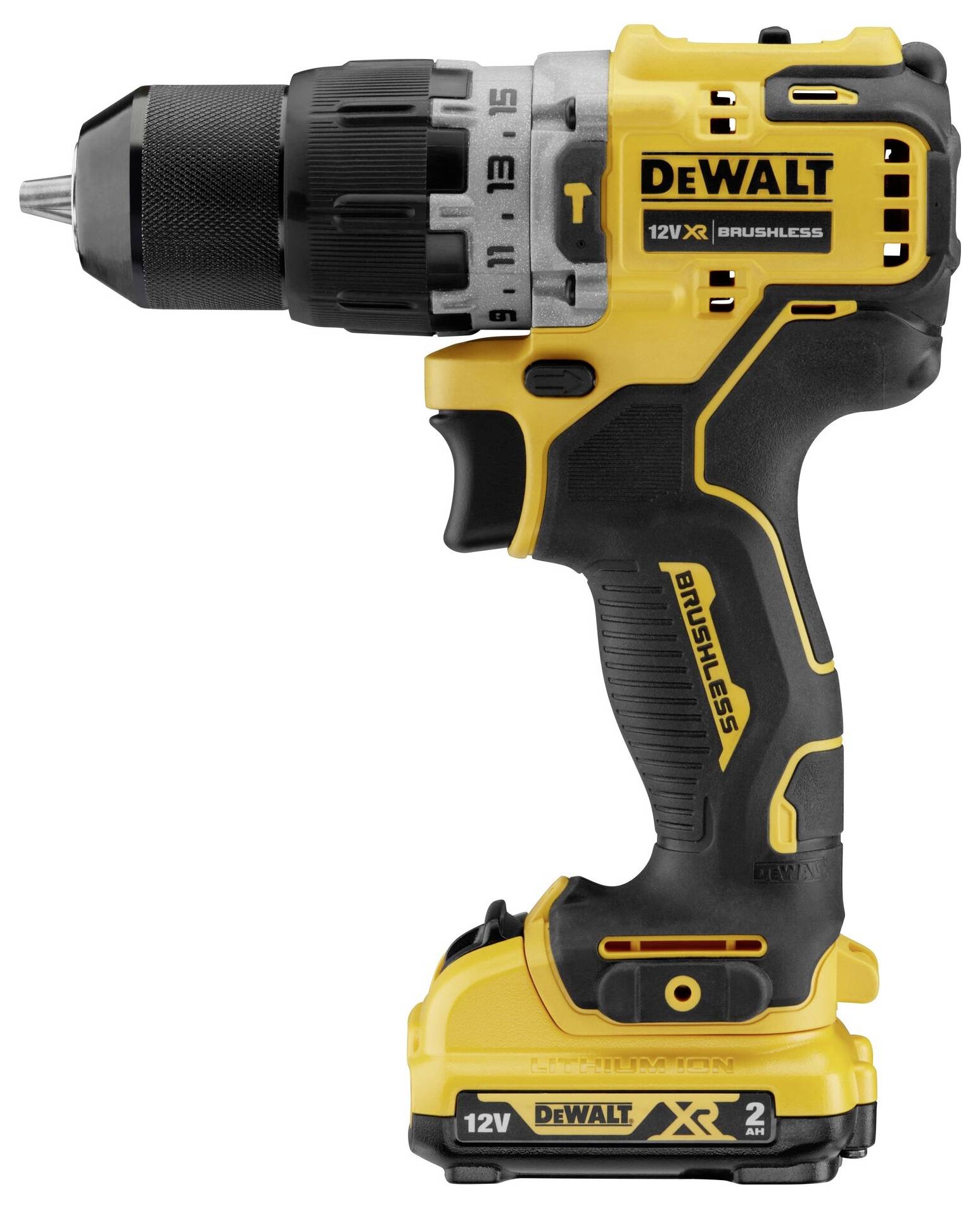 Akumulátorová vrtačka DeWalt, model 12V XR Brushless, s žlutým a černým krytem.