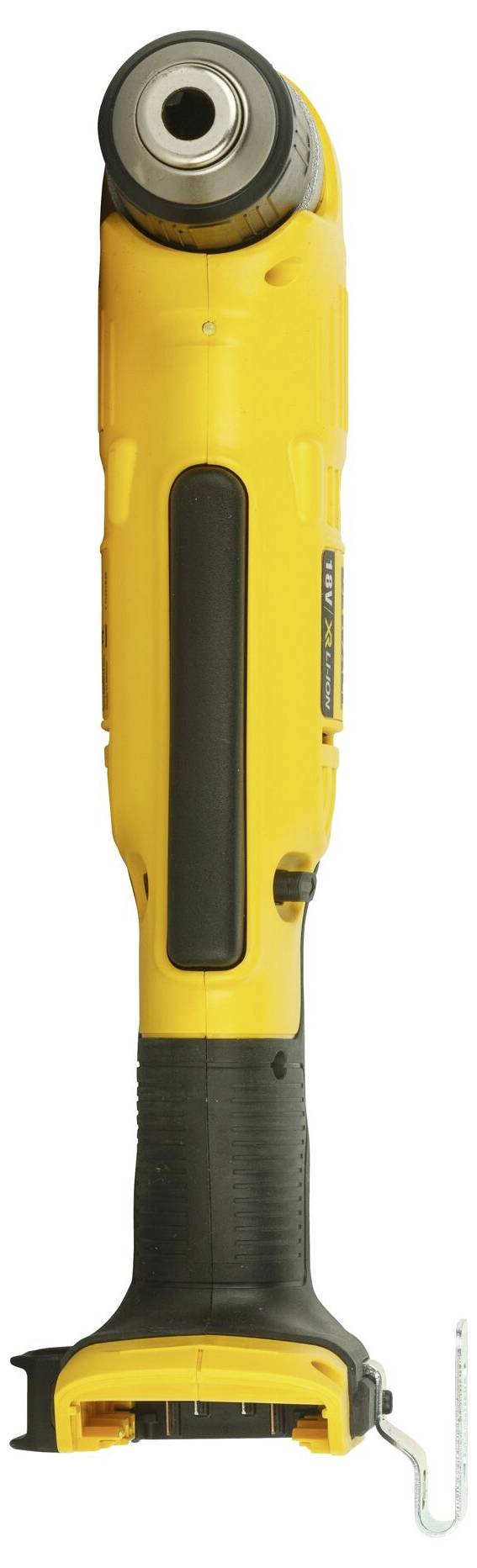 Žluté, bezdrátové vrtací zařízení s ergonomickou rukojetí.