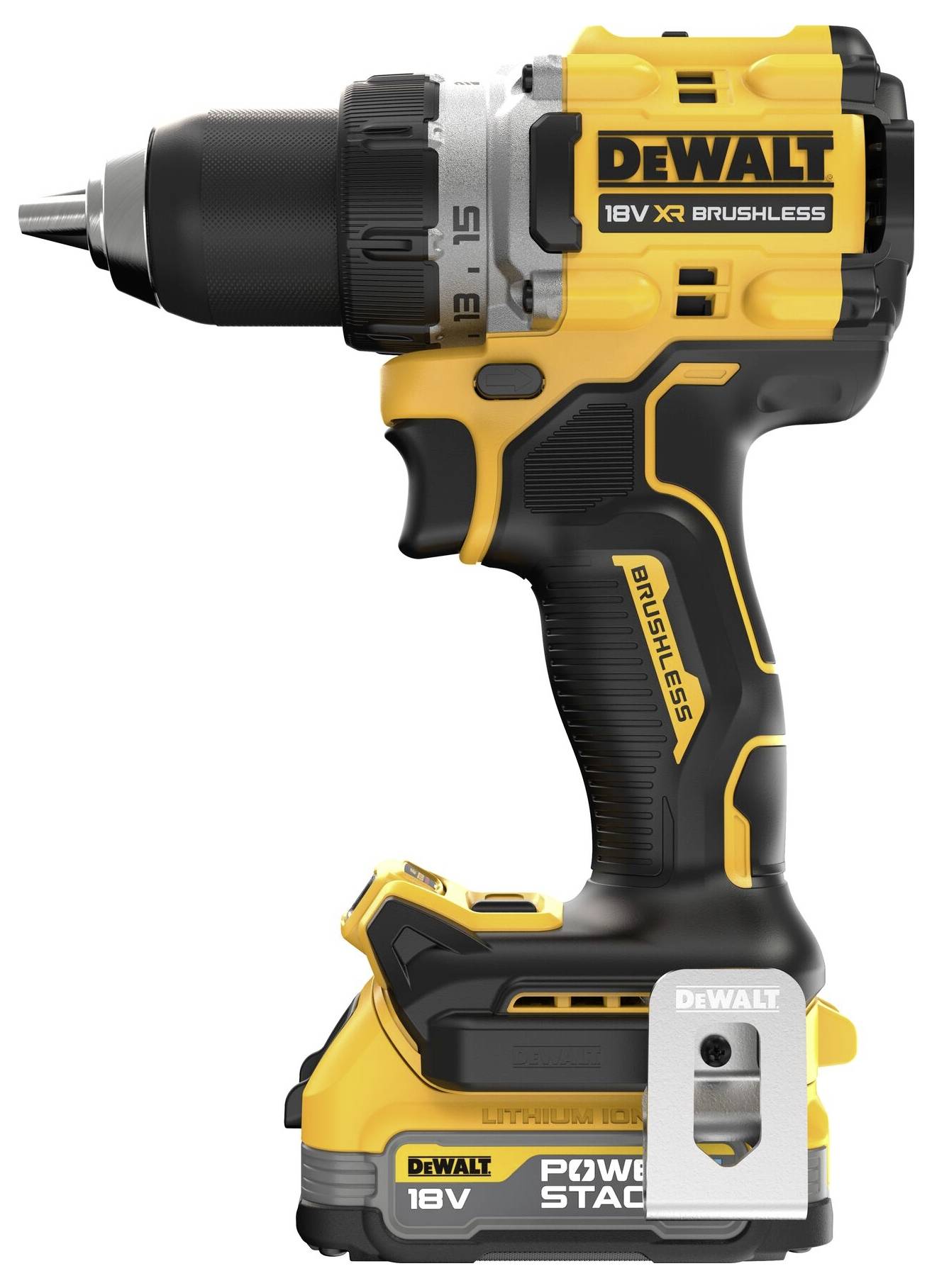 Bezdrátový aku šroubovák DeWalt 18V s bezuhlíkovým motorem. Žluto-černý design, kompaktní, s robustní rukojetí a rychloupínacím sklíčidlem.