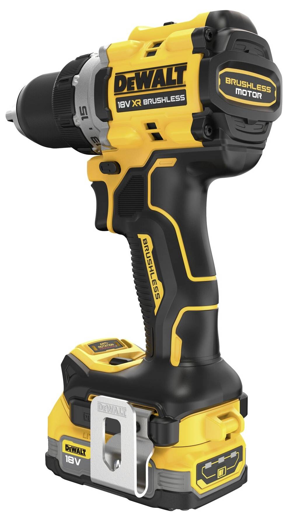 Žlutý a černý akumulátorový šroubovák s nápisem 'Dewalt 18V XR Brushless Motor', vhodný pro kutilské práce.
